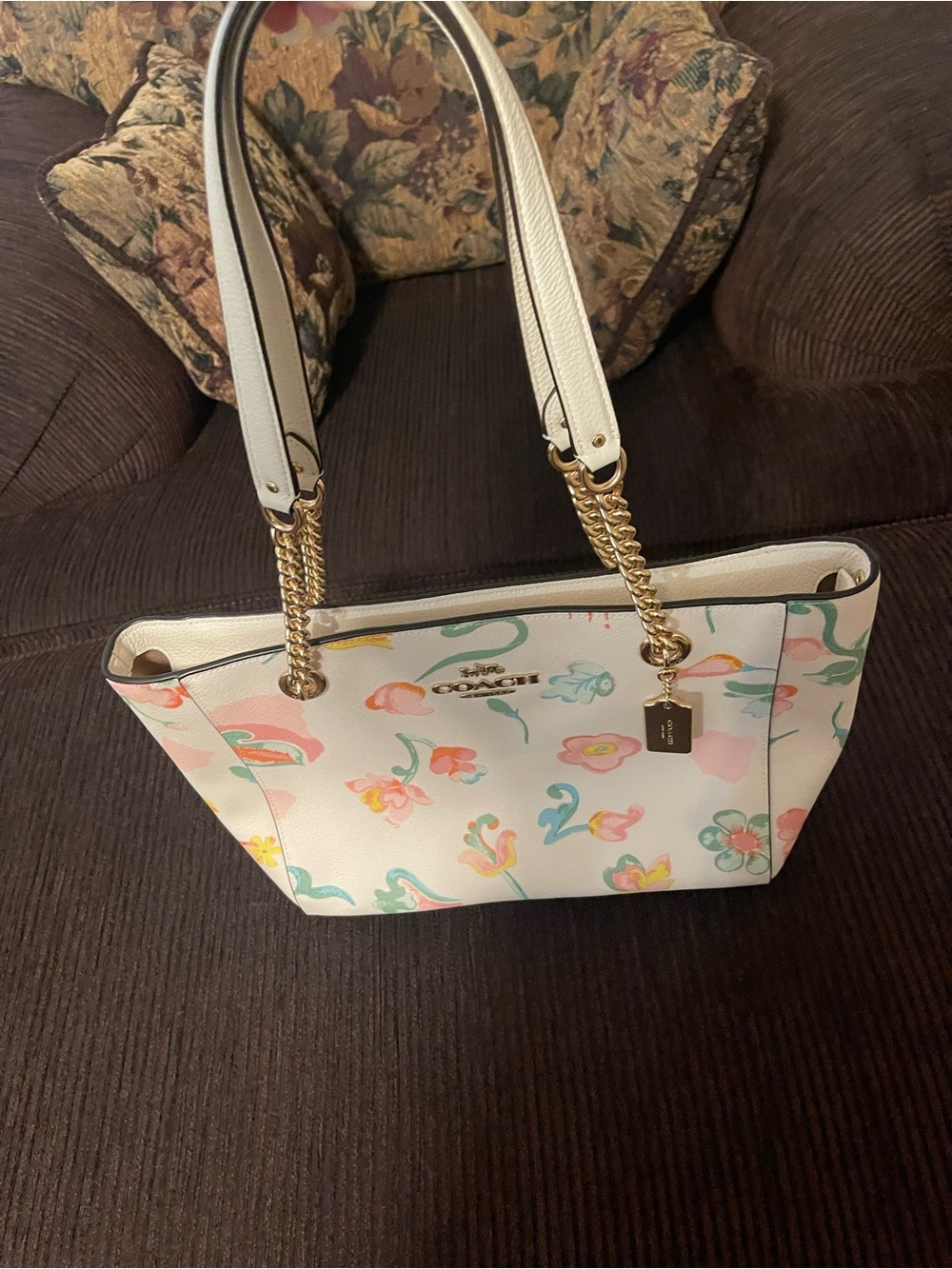 Coach Floral Print Shoulder Tote - Pastel Pink/Off White - Picture 4 of 12